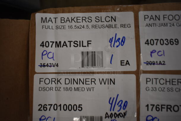 ALL ONE MONEY! Lot of BRAND NEW SCRATCH AND DENT! Items Including 267010005 Choice Windsor 7" 18/0 Stainless Steel Dinner Fork, 267010008 Choice Windsor 8 3/8" Stainless Steel Dinner Knife - 12/Case, 4 407STRNFS3 Choice 8" x 3" Stainless Steel Fine Mesh Strainer, 3227DAYRKIT Noble Products 1" Removable Day of the Week Label Rolls, Five 4070369 Choice 1/3 Size 6" Deep 24 Gauge Anti-Jam Stainless Steel Steam Table / Hotel Pan, Four 4070160 Choice 1/6 Size Stainless Steel Solid Steam Table / Hotel Pan Cover, 176FROTHP33 Choice 33 oz. Polished Stainless Steel Frothing Pitcher, 69332880 Dexter-Russell 12" Round Regular Cut Knife Sharpening Steel with Black Plastic Handle 30505, 407CPAN122A Choice 12" x 2" Round Straight-Sided Aluminum Cake Pan, Six 373CHLORVIAL Noble Chemical CM-240 Chlorine Test Strips 10-200 ppm - 100 Count Vial, Two 723BMATBK Choice 12" x 18" Black Bar Mat, 407MATSILF Choice 16 1/2" x 24 1/2" Full Size Silicone Non-Stick Baking Mat. - Image 10 of 10