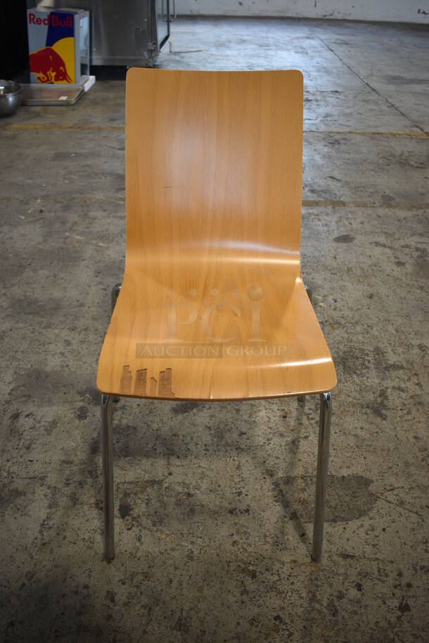3 Wood Pattern Dining Height Chairs on Chrome Finish Metal Legs. Stock Picture - Cosmetic Condition May Vary. 18x18x33. 3 Times Your Bid!