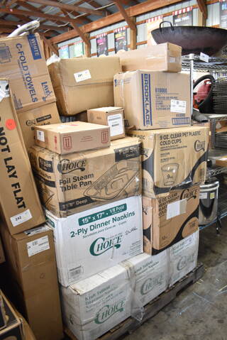 PALLET LOT of 23 BRAND NEW Boxes Including 3 Box 966TALLFLDN Choice Kraft Natural Tall-Fold 6" x 13" Dispenser Napkin - 8000/Case, 5002DNAP Choice White 2-Ply Dinner Napkin 17" x 15" - 3000/Case, 500CC12HD 12 oz. Plastic Cold Cup - 1000/Case, 500CC9 Choice 9 oz. Clear PET Customizable Plastic Squat Cold Cup - 1000/Case, 612605070 Choice Full Size Foil Steam Table Pan Deep 3 3/8" Depth - Full Size Deep - 50/Case, 610060 Brooklace Fluted Bake Cup, 39884291 Perfect Fry 84291 Air Filter Kit for PFA and PFC Ventless Deep Fryers, 4 Box 129MCR24B Choice 24 oz. Black Round Microwavable Heavy Weight Container with Lid 7 1/4" - 150/Case, 502404816CL Lavex 40-45 Gallon 16 Micron 40" x 48" High Density Janitorial Can Liner / Trash Bag - 250/Case, AMA009CLT23 Front of the House Gatsby 7 oz. Ice SAN Plastic Martini Glass - 12/Pack, HP2099 Imperial 2099 U' Shaped Burner. 23 Times Your Bid!