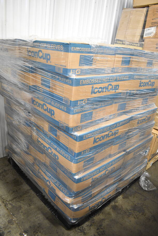PALLET LOT of 48 BRAND NEW Boxes of 1,000 Icon Supply Group Embossed Hot Cup Sleeves. 48 Times Your Bid! - Image 1 of 4