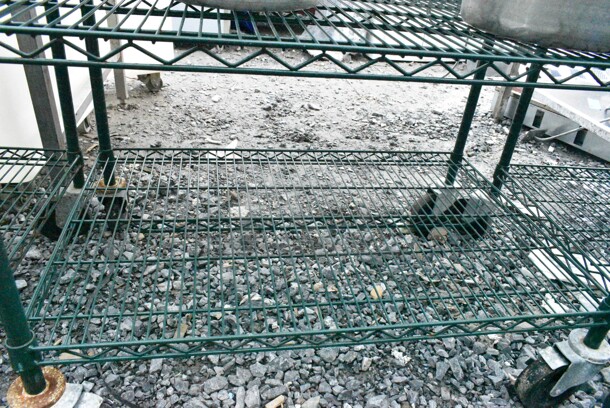 Green Finish 5 Tier Wire Shelving Unit on Commercial Casters w/ Contents Including Stainless Steel Cylindrical Bins. BUYER MUST DISMANTLE. PCI CANNOT DISMANTLE FOR SHIPPING. PLEASE CONSIDER FREIGHT CHARGES.  - Image 3 of 10