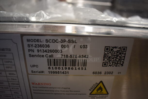 BRAND NEW SCRATCH AND DENT! 2023 KoolMore SCDC-3P-SSL Stainless Steel Commercial Countertop Refrigerated Rail w/ 3 Drop In Bins and Glass Sneeze Guard. 115 Volts, 1 Phase. Tested and Working! - Image 9 of 10