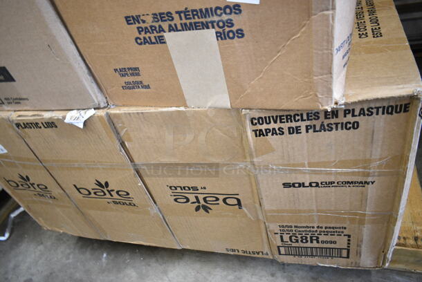 PALLET LOT of 25 BRAND NEW Boxes Including Choice Soup Containers, 3 Box Bare Solo Plastic Lids, LG8R Solo Lids, Dart 8SJ20 8 oz. Extra Squat White Customizable Foam Food Container - 1000/Case, 500CC10 Choice 10 oz. Clear PET Plastic Cold Cup - 1000/Case, 500LFLAT Choice Clear Flat Lid with Straw Slot - 9, 12, 16, 20, and 24 oz. - 1000/Case, 128HD32BULK ChoiceHD 32 oz. Microwavable Translucent Plastic Deli Container - 480/Case, 245CCGR8BL Baker's Lane 8" White Corrugated Grease-Resistant Cake Circle - 100/Case, 4558011390 24 oz. Transparent Assorted Jewel Color Heavy-Duty 1/2 Yarder with Lid and Straw - 33/Case, 2 Box 346BKTSNM Choice Medium Weight Black Wrapped Plastic Cutlery Set with Napkin - 250/Case, 612FHL1230 Foil Steam Table Pan Lid - Half Size, 395TO961 EcoChoice 9" x 6" x 3" Compostable Sugarcane / Bagasse 1 Compartment Take-Out Container - 200/Case, 2650811022K Cres Cor 0811 022 K Heater Kit, Moffat M000033 NEMA 6-50P Power Cord for USE32T5 and E32D5-2 Series, Kraft Food Trays. 25 Times Your Bid! - Image 3 of 12