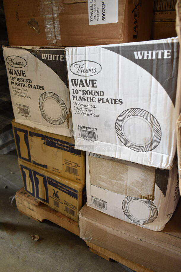 PALLET LOT of 35 BRAND NEW Boxes Including 127RD16COMBO Choice 16 oz. Customizable Microwavable Clear Round Deli Container and Lid Combo Pack - 250/Case, 433NHT100 Choice 1/6 Standard Size White "Thank You" Script Heavy-Duty Plastic T-Shirt Bag - 600/Case, 2 Box 130HCUTFWR Visions Individually Wrapped White Heavy Weight Plastic Fork - 1000/Case, 500TW16S Choice 16 oz. Translucent Thin Wall Squat Plastic Cold Cup - 1000/Case, 795PTOKFT1 Choice 4 5/8" x 3 1/2" x 2 1/2" Kraft Microwavable Folded Paper #1 Take-Out Container - 450/Case, 2 Box 128HD16COMBO ChoiceHD 16 oz. Microwavable Translucent Plastic Deli Container and Lid Combo Pack - 240/Case, 2 Box Dart 16RCLBLK Optima Black Travel Lid with Reclosable Tab - 1000/Case, 3 Box 347RP10WHSS Visions Wave 10" White Plastic Plate - 144/Case, 2 Box of BW-1025 10 oz. Customizable Polycarbonate Wine / Juice Decanter, 5002CPTENAT Lavex 2-Ply Natural Kraft Center Pull Paper Towel 510' Roll - 6/Case, 130LID18 Visions 18" Clear PET Plastic Round Catering Tray High Dome Lid - 25/Case. 35 Times Your Bid! - Image 9 of 12