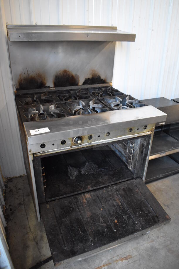 Bakers Pride Stainless Steel Commercial Natural Gas Powered 6 Burner Range w/ Oven, Over Shelf and Back Splash on Commercial Casters. Oven Door Does Not Stay Closed. 36x34x57 - Image 3 of 7