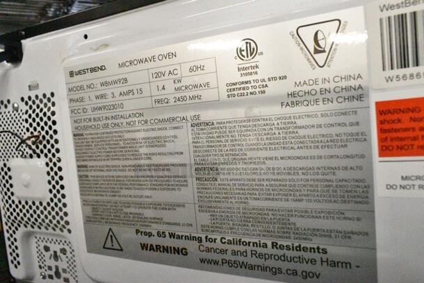 West Bend WBMW92B Countertop Microwave Oven w/ Plate. 120 Volts, 1 Phase.  - Image 8 of 8