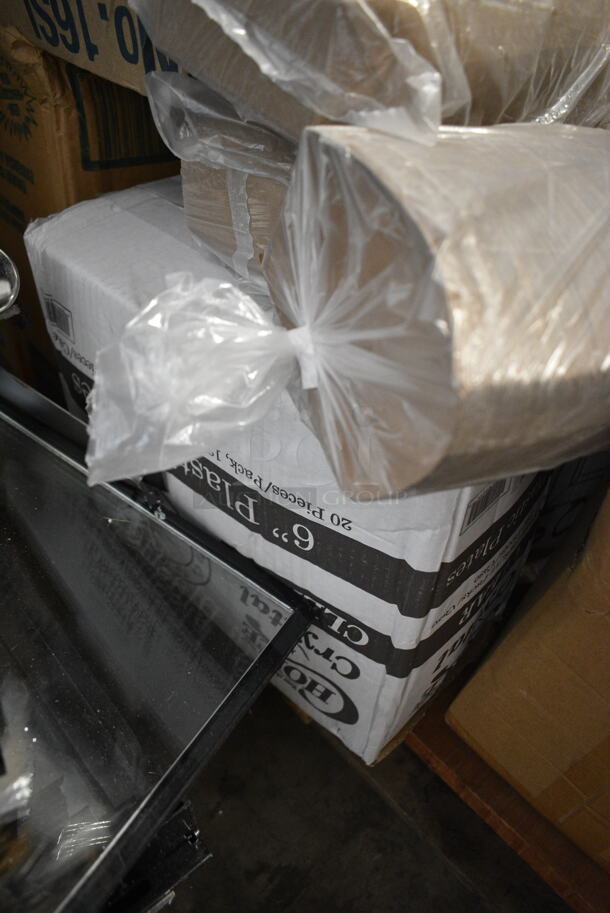PALLET LOT of 19 BRAND NEW Boxes Including 130GH Spoons, 999RP10CL Choice Crystal 10" Clear Plastic Plate - 20/Pack, SBTGRL Dart TamperGuard Recessed Lid for Tamper-Resistant, Tamper-Evident Containers - 300/Case, 8 oz Flower Sno Cone Cups, 5001RT600B Lavex White Hardwound Paper Towel, 600 Feet / Roll - 12/Case, Environ Forks, Fineline 17CKFSKPPS Wrapped Cutlery Kit. 19 Times Your Bid! - Image 3 of 12
