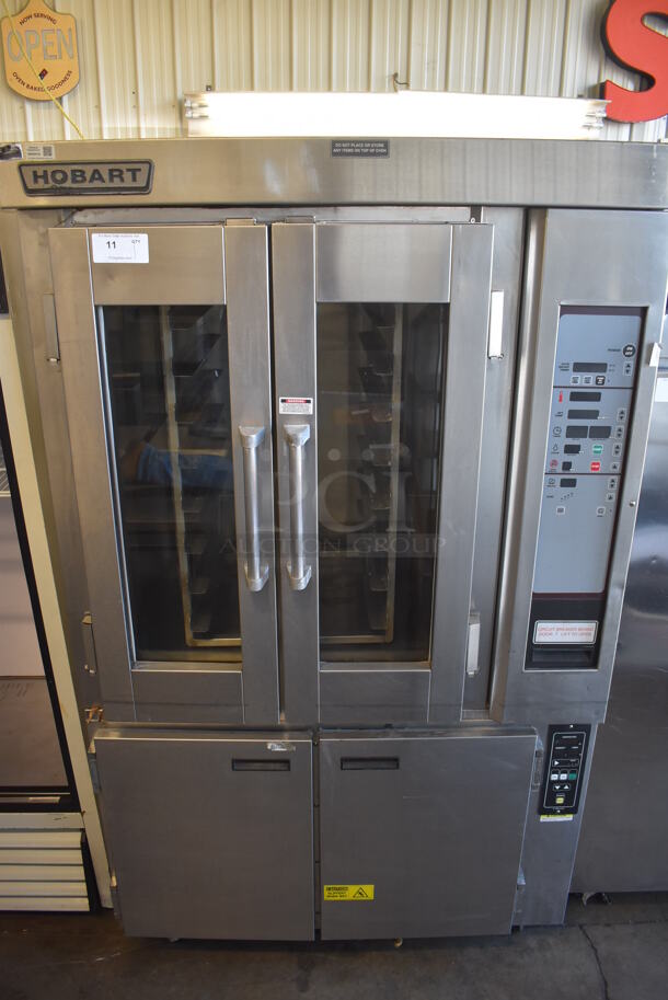 Hobart HO300E Stainless Steel Commercial Floor Style Electric Powered Mini Rotating Rack Oven on HPC800 2 Door Proofer w/ Commercial Casters. 208 Volts, 3 Phase. 48x38x82