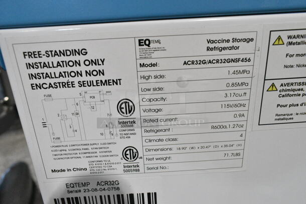 BRAND NEW SCRATCH AND DENT! Summit Appliance ACR32G EQTemp ACR Series 3.17 Cu. Ft. White / Blue Compact Glass Door Reach-In Medical Refrigerator Merchandiser. 115 Volts, 1 Phase. Tested and Working! - Image 3 of 4