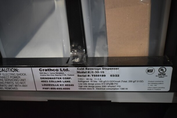 BRAND NEW SCRATCH AND DENT! 2022 Crathco C-3D-16 Metal Commercial Countertop G-Cool Focus Flavor Triple Bowl Premix Cold Beverage Dispenser with (1) 5 Gallon Hopper and (2) 2.4 Gallon Hoppers. 115 Volts, 1 Phase. Tested and Working! - Image 10 of 10
