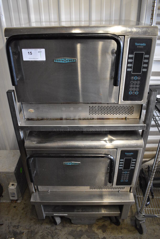 2 2011/2015 Turbochef Model NGCD6 Tornado Stainless Steel Commercial Countertop Electric Powered Rapid Cook Ovens on Stainless Steel Commercial 2 Tier Equipment Stand on Commercial Casters. 208/240 Volts, 1 Phase. 30x30x60. 2 Times Your Bid!