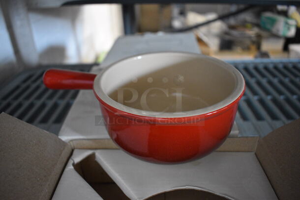 3 BRAND NEW IN BOX! Le Creuset Red and White Ceramic French Onion Soup Bowls. 8x5.5x2. 3 Times Your Bid!
