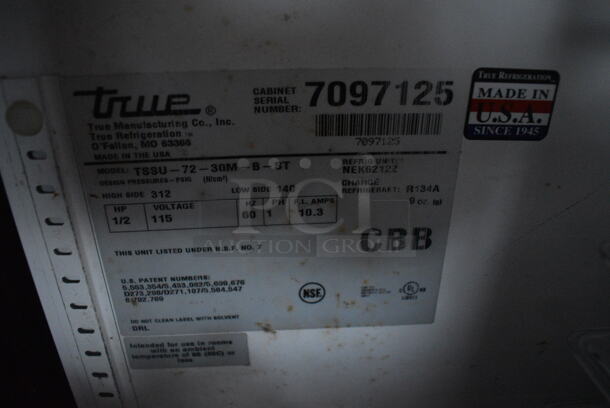 2011 True TSSU-72-30M-B-ST Stainless Steel Commercial Pizza Prep Table on Commercial Casters. BUYER MUST REMOVE. 115 Volts, 1 Phase. 72x34x38. Item Was in Working Condition on Last Day of Business. (Susquehanna Ale House) - Image 5 of 8