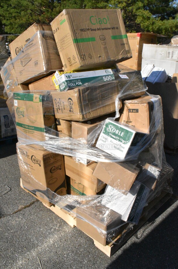 28 BRAND NEW Boxes Including 395RP10CPF EcoChoice No PFAS Added 10" Natural Bagasse Blend 3 Compartment Plate - 500/Case, 1501405NAT Choice 2 3/4" x 10" Kraft Disposable Silverware / Bakery / Churro Bag - 2000/Case, 433HLFHCAKE Choice 1/2 Size High Dome Sheet Cake Display Container with Clear Dome Lid - 25/Case, 966UPWIDEKFT OneUp by Choice Kraft 2-Ply Wide Interfold 6 1/2" x 8 1/2" Dispenser Napkin - 6000/Case, 395RP09W Choice Plates, 500LFLAT Choice 32 oz. Clear PET Plastic Flat Lid with No Straw Slot - 500/Case, 129MCR38B Choice 38 oz. Black Round Microwavable Heavy Weight Container with Lid - 150/Case, 394365M Noble Products Powder-Free Disposable Clear Vinyl Gloves for Foodservice - Medium - 1000/Case, 760PCC09 Choice 9 oz. Poly Paper Cold Cup - 2000/Case, 433CARRIER4 Choice Pulp Fiber 4 Cup Carrier - 300/Case, 500CC12 Choice Clear PET Customizable Plastic Cold Cup - 12 oz. - 1000/Case, 5012433M1 Lavex Li'l Herc 12-16 Gallon 1 Mil 24" x 33" Low Density Medium-Duty Clear Can Liner / Trash Bag - 250/Case, 130WHKSH Choice White Heavy Weight Wrapped Plastic Cutlery Pack - 500/Case, 500TO993C3 Choice 9" x 9" x 3" Microwaveable 3-Compartment Black / Clear Plastic Hinged Container - 100/Case. 28 Times Your Bid!  - Image 1 of 12