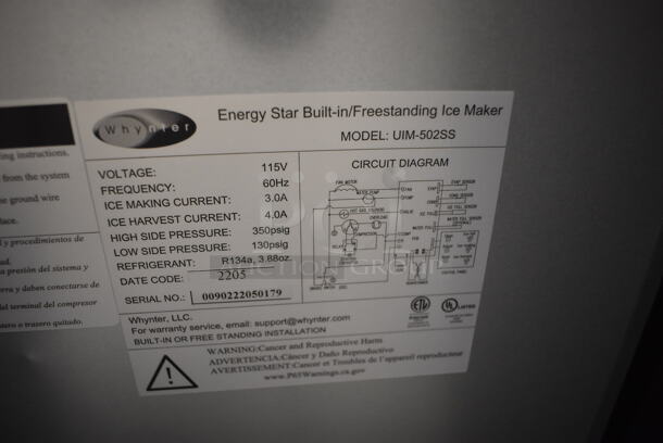 BRAND NEW SCRATCH AND DENT! 2022 Whynter UIM-502SS Stainless Steel Self Contained Ice Machine. 115 Volts, 1 Phase. 15x24x33. Tested and Working! - Image 7 of 7