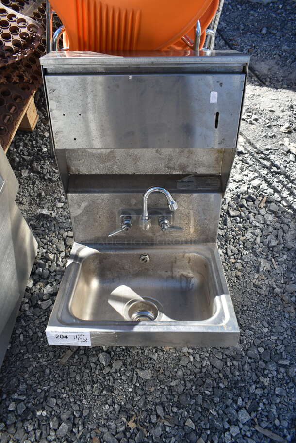Stainless Steel Commercial Single Bay Wall Mount Sink w/ Faucet, Handles and Over Head Cabinet. - Image 1 of 5