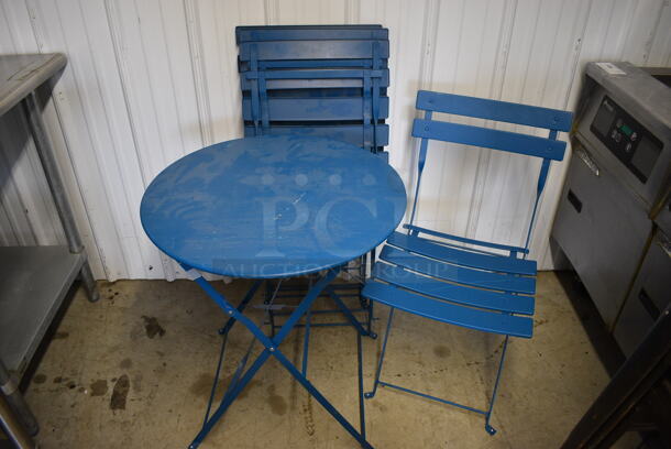 ALL ONE MONEY! Set of 4 Blue Metal Folding Chairs and Blue Metal Round Table. 23.5x23.5x31, 16.5x16.5x31