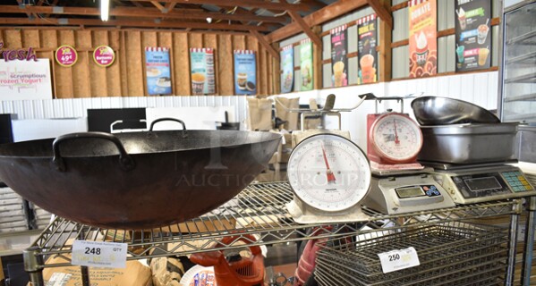 ALL ONE MONEY! Tier Lot of Various Items Including MyWeigh KD-8000 Scale, Ishida Scale, Wok, Stainless Steel Drop In Bins, and Metal Bowl. 