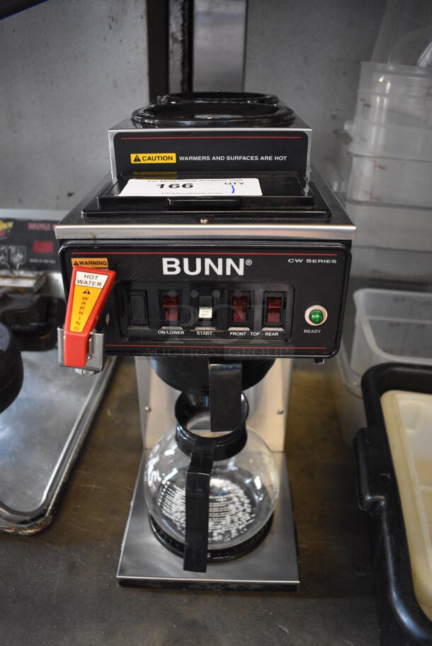 2012 Bunn Model CWTF15 Stainless Steel Commercial Countertop 3 Burner Coffee Machine w/ Hot Water Dispenser, Coffee Pot and Poly Brew Basket. 120 Volts, 1 Phase. 8x18x20