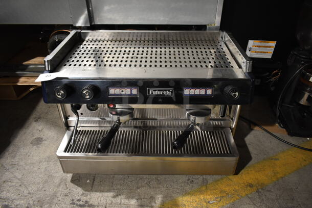 Futurete OBERON-2G Stainless Steel Commercial Countertop 2 Group Espresso Machine w/ 2 Portafilters and 2 Steam Wands. 230 Volts, 1 Phase. 