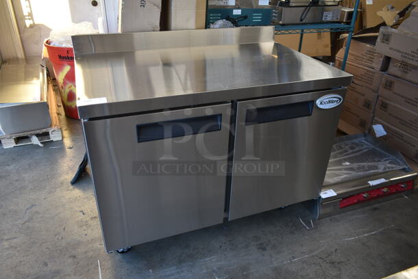 BRAND NEW SCRATCH AND DENT! 2023 KoolMore FWT-2D-12C Stainless Steel Commercial 2 Door Work Top Freezer w/ Back Splash on Commercial Casters. 115 Volts, 1 Phase. Tested and Working! - Image 2 of 8