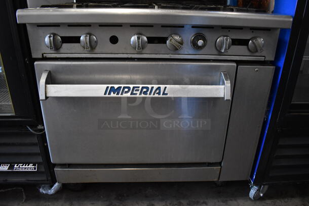 Imperial Stainless Steel Commercial Natural Gas Powered 6 Burner Range w/ Oven, Over Shelf and Back Splash on Commercial Casters. 36x34x57 - Image 4 of 6