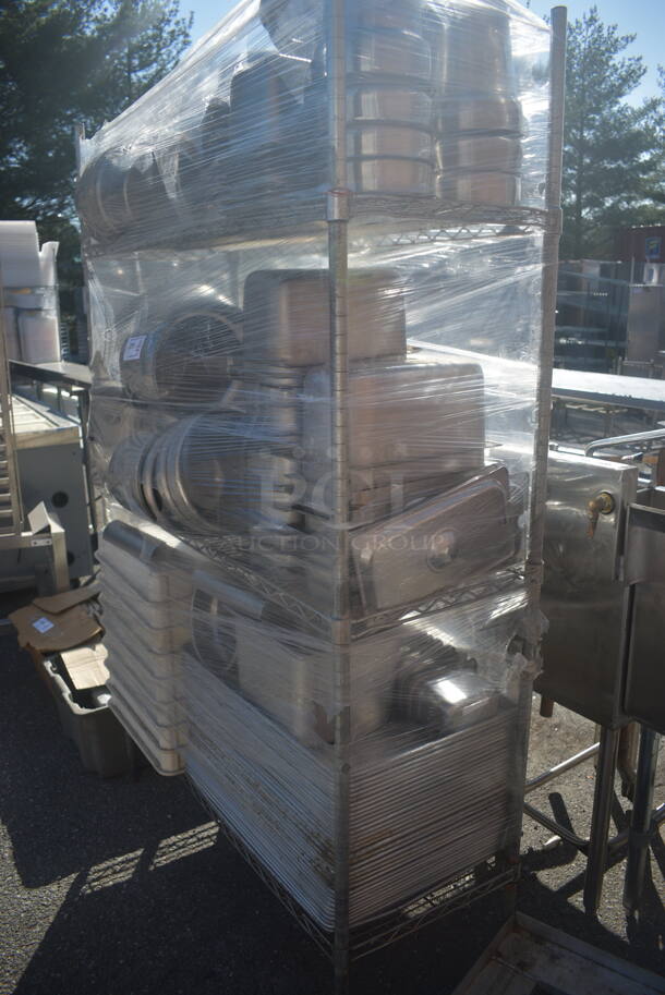 ALL ONE MONEY! Lot of Items Including Open Utility Shelf With Metro Style Shelving On Galvanized Legs, Steel Bins In Variety of Sizes, Steel Pots, Baking Trays, Baking Sheets, AND MORE!  BUYER MUST DISMANTLE. PCI CANNOT DISMANTLE FOR SHIPPING. PLEASE CONSIDER FREIGHT CHARGES. - Image 5 of 5
