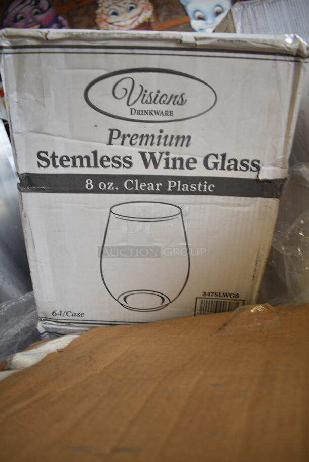 PALLET LOT of 25 BRAND NEW Boxes Including 999RP10 10" Plates, 347SLWG8 Visions 8 oz. Heavy Weight Clear Plastic Stemless Wine Glass - 64/Case, GET CS-10-RM Rustic Mill 10 1/2" Irregular Round Coupe Plate - 12/Case, 500LFLAT Choice Clear Flat Lid with Straw Slot - 9, 12, 16, 20, and 24 oz. - 1000/Case, 475TCLD55BL Lavex 55 GallonBlue Round Commercial Trash Can Lid, Eco-Gecko 5" Square Palm Leaf Bowls, 612D3COMP Choice 8 1/2"x 6 3/8" 3-Compartment Oblong Foil Take-Out Container with Board Lid - 250/Case, 795PTOBK1 Choice Black Microwavable Folded Paper #1 Take-Out Container 4 3/8" x 3 1/2" x 2 1/2" - 450/Case, 395TO961 EcoChoice 9" x 6" x 3" Compostable Sugarcane / Bagasse 1 Compartment Take-Out Container - 200/Case, 347SLW68 Plastic Stemless Wine Glasses. 25 Times Your Bid! - Image 3 of 12