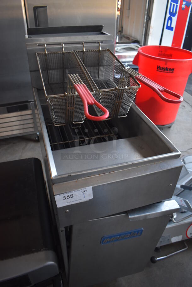 Imperial Stainless Steel Commercial Floor Style Natural Gas Powered Deep Fat Fryer w/ 2 Metal Baskets on Commercial Casters. 15.5x31x46 - Image 3 of 7