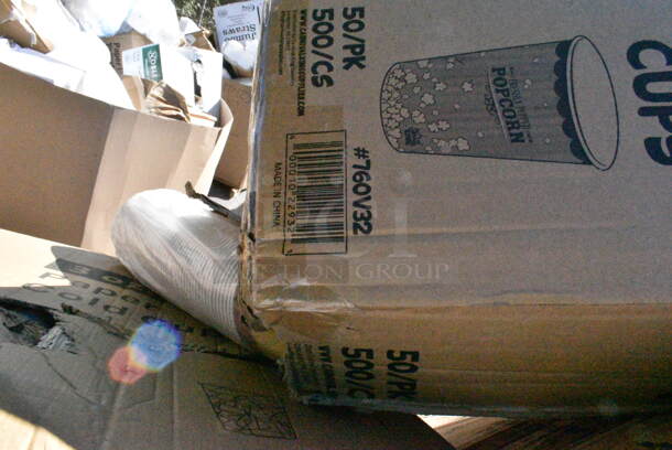 20 BRAND NEW Boxes Including 5002BNAPNAT EcoChoice 2-Ply Natural Kraft Beverage / Cocktail Napkin - 3000/Case, Dart 72HT1 7" x 4" x 2" White Foam Hinged Lid Hot Dog Container - 500/Case, 760V32 Carnival King 32 oz. Popcorn Cup - 500/Case, 50024C Choice 24 oz. Coffee Print Poly Paper Hot Cup - 600/Case, Dart 16LCDHX Clear PET Dome Lid with 2" Hole - 1000/Case, 347BP6BK Choice 6" Black Plastic Plate - 1000/Case. 20 Times Your Bid! - Image 4 of 12