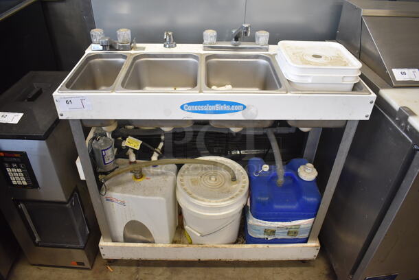 Concession Sinks Metal 4 Bay Portable Sink w/ 2 Faucets and Handles on Commercial Casters. 39x17x42. Bays 9.5x12x6