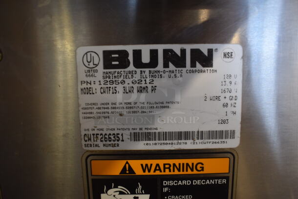 2012 Bunn CWTF15 Stainless Steel Commercial Countertop 3 Burner Coffee Machine. 120 Volts, 1 Phase.  - Image 4 of 4