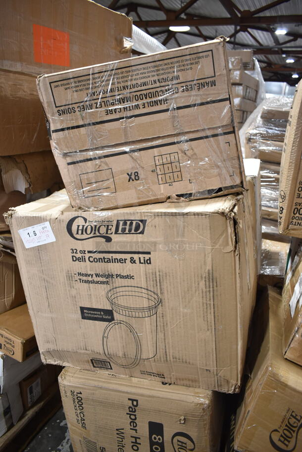 PALLET LOT of 19 BRAND NEW Boxes Including 128HD32COMBO ChoiceHD 32 oz. Microwavable Translucent Plastic Deli Container and Lid Combo Pack - 240/Case, X8 Dart Trophy Plus Cups, 2 Box 5008W Choice 8 oz. Tall White Poly Paper Hot Cup - 1000/Case, 795PTOKFT8 Microwavable Folded Paper #8 Take-Out Container 6" x 4 5/8" x 2 1/2", 760PICLWDOME Choice 5-12 oz. Clear Plastic Low Dome Lid, No Hole - 1000/Case, 129MCS242CB Choice 30 oz. Black 8 3/4" x 6" x 2 3/4" 2-Compartment Rectangular Microwavable Heavy Weight Container with Lid - 150/Case, 85HT3R Dart Foam Container, 164TS1000 Lancaster Table & Seating 10" Cast Iron Table Base Spider, 50010C Choice 10 oz. Coffee Print Poly Paper Hot Cup - 1000/Case. 19 Times Your Bid! - Image 3 of 9