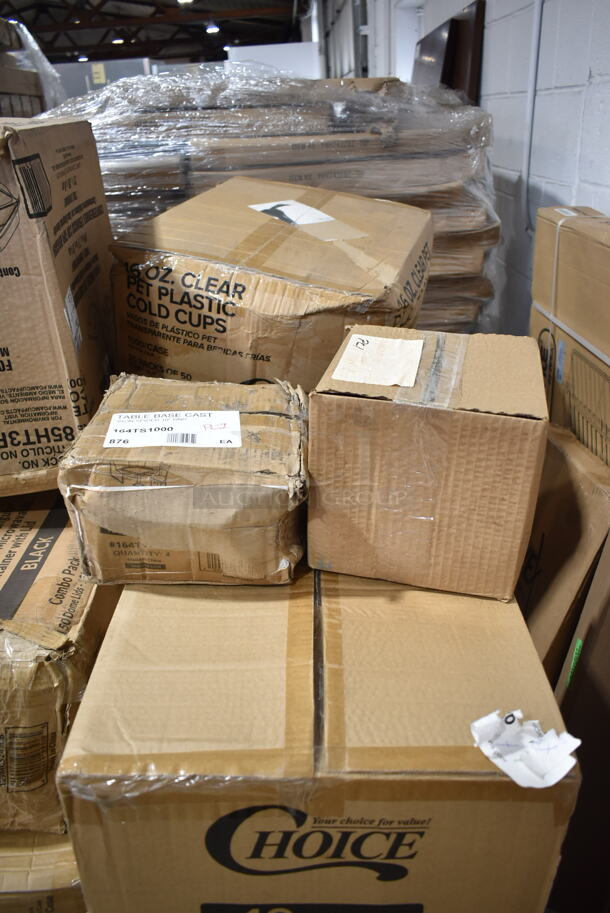 PALLET LOT of 19 BRAND NEW Boxes Including 128HD32COMBO ChoiceHD 32 oz. Microwavable Translucent Plastic Deli Container and Lid Combo Pack - 240/Case, X8 Dart Trophy Plus Cups, 2 Box 5008W Choice 8 oz. Tall White Poly Paper Hot Cup - 1000/Case, 795PTOKFT8 Microwavable Folded Paper #8 Take-Out Container 6" x 4 5/8" x 2 1/2", 760PICLWDOME Choice 5-12 oz. Clear Plastic Low Dome Lid, No Hole - 1000/Case, 129MCS242CB Choice 30 oz. Black 8 3/4" x 6" x 2 3/4" 2-Compartment Rectangular Microwavable Heavy Weight Container with Lid - 150/Case, 85HT3R Dart Foam Container, 164TS1000 Lancaster Table & Seating 10" Cast Iron Table Base Spider, 50010C Choice 10 oz. Coffee Print Poly Paper Hot Cup - 1000/Case. 19 Times Your Bid! - Image 8 of 9