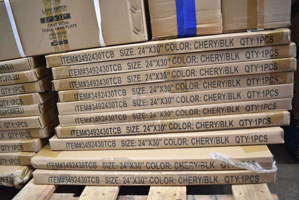 PALLET LOT of 33 BRAND NEW Boxes Including 20 Boxes 3492430TCB Lancaster Table & Seating 24" x 30" Laminated Rectangular Table Top Reversible Cherry / Black, 5 Boxes of 4 164TB2222 Lancaster Table & Seating 22" x 22" Cross Cast Iron Table Base Plate, 2 Box of 4 164TS1000 Lancaster Table & Seating 10" Cast Iron Table Base Spider, 2 Box of 10 164TCOLROD25 Lancaster Table & Seating 25 3/16" Standard Height Table Base Column and Rod. 33 Times Your Bid!  - Image 2 of 10