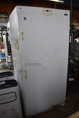 Kenmore Elite 253.26082100 Metal Single Door Reach In Freezer. 115 Volts, 1 Phase. 32x29x70. Tested and Powers On But Temps at 38 Degrees