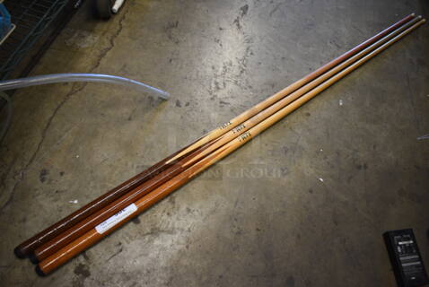 3 Wood Pattern Pool Cues; 16 oz, 17 oz and 19 oz. 58". 3 Times Your Bid!
