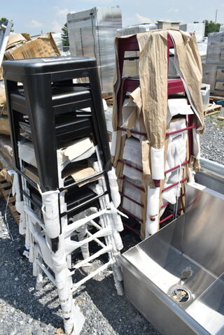 12 BRAND NEW SCRATCH AND DENT! Metal Tolix Style Bar Stools; 6 Black and 6 Red. 12 Times Your Bid!