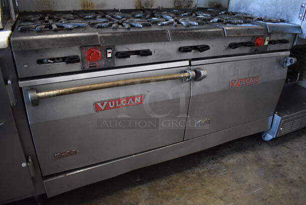 Vulcan Snorkel Stainless Steel Commercial Natural Gas Powered 10 Burner Range w/ 2 Convection Ovens, Over Shelf and Back Splash on Commercial Casters. 60x32x60 - Image 6 of 8