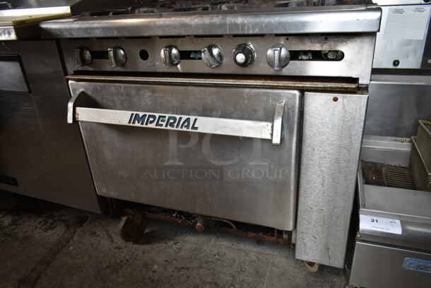 Imperial Stainless Steel Commercial Natural Gas Powered 6 Burner Range w/ Oven and Back Splash on Commercial Casters. - Image 3 of 6
