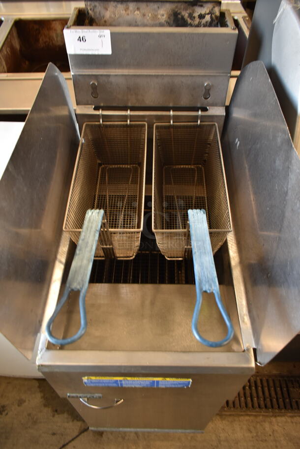 2016 Pitco Frialator 40D Stainless Steel Commercial Floor Style Natural Gas Powered Deep Fat Fryer w/ 2 Metal Fry Baskets and 2 Side Splash Guards. 115,000 BTU.  - Image 2 of 4