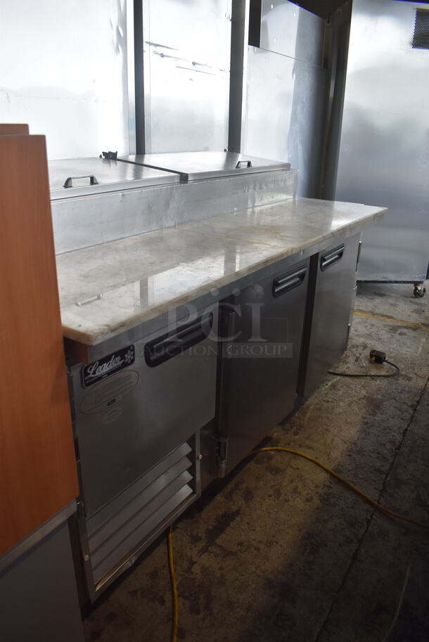 2014 Model Leader ESPT72SC Commercial Stainless Steel Electric Powered Pizza Prep Table With Enclosed Top For Plastic Ingredient Pans, Marble Style Prep Counter With Polycoated Racks on Commercial Casters. 115V Tested And Powers On But Does Not Get Cold - Image 2 of 9