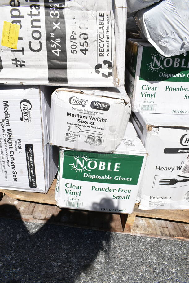 PALLET LOT of 22 BRAND NEW Boxes Including 50020CAFE Choice 20 oz. Café Print Poly Paper Hot Cup - 600/Case, NC12S Fabri-Kal NC12S Nexclear 12 / 14 oz. Clear Customizable Squat Plastic Cup - 1000/Case, 966UPWIDEB1-500 OneUp by Choice White 1-Ply Wide Interfold 6 1/2" x 8 1/2" Dispenser Napkin - 6000/Case, 346WKFSNSPM Medium Weight Wrapped Plastic Cutlery Pack with Napkin and Salt / Pepper, 130WBKFORKH Choice Black Heavy Weight Wrapped Plastic Fork - 1000/Case, 129MCS24B Choice 24 oz. Black Rectangular Microwavable Heavy Weight Container with Lid 8" x 5 1/4" x 2" - 150/Case, 347DC7 Choice 7 oz. Clear Plastic 1-Piece Dessert Cup - 200/Case, 128HD8BULK Choice Heavy Duty 8 oz. Microwavable Translucent Plastic Deli Container - 480/Case, 795PTOWHT1 Choice White Microwavable Folded Paper #1 Take-Out Container 4 3/8" x 3 1/2" x 2 1/2" - 450/Case, 129MCS323CW Choice 36 oz. White 9 3/4" x 7 1/4" x 2" 3-Compartment Rectangular Microwavable Heavy Weight Container with Lid - 150/Case, 129MCS24B Choice 24 oz. Black Rectangular Microwavable Heavy Weight Container with Lid 8" x 5 1/4" x 2" - 150/Case. 22 Times Your Bid!  - Image 8 of 12