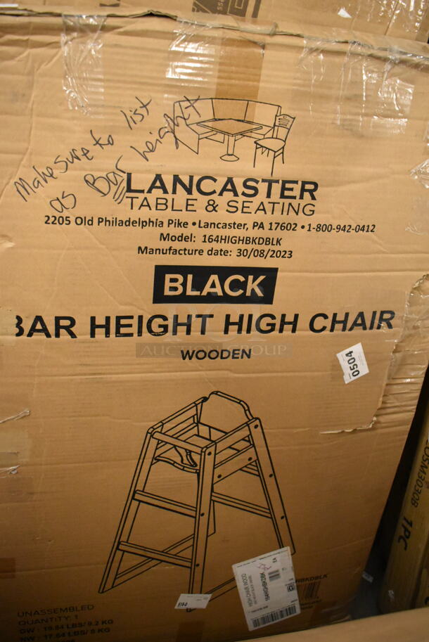 BRAND NEW SCRATCH AND DENT! Lancaster Table & Seating 164HIGHBKDBLK Black Wooden Bar Height High Chair. Unassembled.