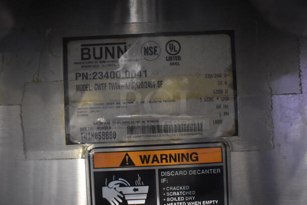 2010 Bunn CWTF TWIN-APS Stainless Steel Commercial Countertop Coffee Machine w/ Hot Water Dispenser and 2 Metal Brew Baskets. 120/240 Volts, 1 Phase.  - Image 4 of 4