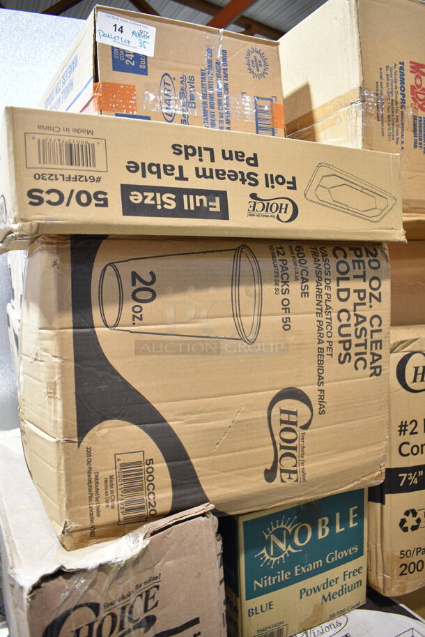 PALLET LOT of 35 BRAND NEW Boxes Including 127RD12BULK Choice 12 oz. Customizable Microwavable Translucent Round Deli Container - 500/Case, 2 Box 394365L Noble Products Powder-Free Disposable Clear Vinyl Gloves for Foodservice - Large - 1000/Case, 2 Box 612FFL1230 Choice Foil Steam Table Pan Lid - Full Size - 50/Case, 500CC20 Choice Clear PET Customizable Plastic Cold Cup - 20 oz. - 600/Case, 2 Box 129MCS24B Choice 24 oz. Black Rectangular Microwavable Heavy Weight Container with Lid 8" x 5 1/4" x 2" - 150/Case, 347SP10WH Visions Florence 10" Square White Plastic Plate - 120/Case, 394EN502M Noble Products Powder-Free Disposable Blue Exam Grade Nitrile 4 Mil Thick Textured Gloves - Medium - 1000/Case, 795PTOKFT2 Choice Kraft Microwavable Folded Paper #2 Take-Out Container 7 3/4" x 5 1/2" x 1 7/8" - 200/Case, 3 Box American Metalcraft BEV1220 Full Size Copper Rectangular Hammered Beverage Tub - 20 1/2" x 12 1/2" x 8", 500L1020W White Hot Paper Cup Travel Lid for 10-24 oz. Standard Cups and 8 oz. Squat Cups, 614501 La Rochere Long Drink Boudoir, 614401 La Rochere Glasses. 35 Times Your Bid! - Image 6 of 12