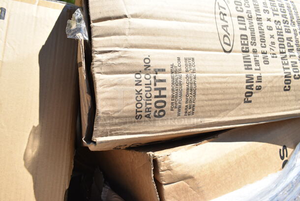 PALLET LOT of 30 BRAND NEW Boxes Including 760IC08W Choice 8 oz. White Paper Frozen Yogurt / Food Cup - 1000/Case, Dart 60HT1 White Foam Hinged Lid Container 6" x 6" x 3" - 500/Case, 2 box 612FFL1230 Choice Foil Steam Table Pan Lid - Full Size - 50/Case, 50020W Choice 20 oz. White Poly Paper Hot Cup, 50010W Choice 10 oz. White Poly Paper Hot Cup - 1000/Case, 127RD32BULK Choice 32 oz. Customizable Microwavable Translucent Round Deli Container - 500/Case, 50012W Choice 12 oz. White Poly Paper Hot Cup - 1000/Case, 395TO991 EcoChoice 9" x 9" x 3" Compostable Sugarcane / Bagasse 1 Compartment Take-Out Box - 200/Case, 500TW16S Choice 16 oz. Translucent Thin Wall Squat Plastic Cold Cup - 1000/Case, 760PCCLEM22 Carnival King 22 oz. Poly Paper Lemonade Cup - 1000/Case. 30 Times Your Bid!  - Image 3 of 12