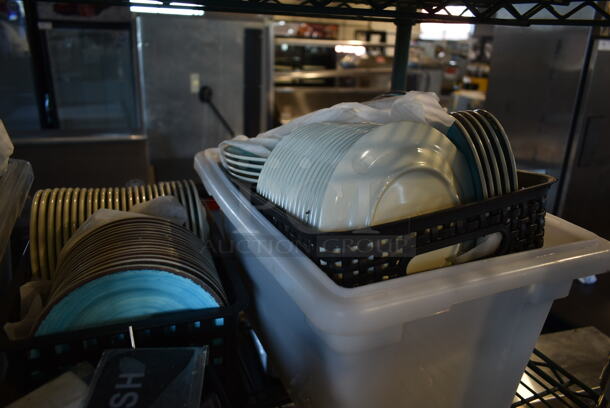 ALL ONE MONEY! Four Tier Lot of Various Items Including Poly Bins and Ceramic Plates. Does Not Include Shelving Unit.  - Image 7 of 8