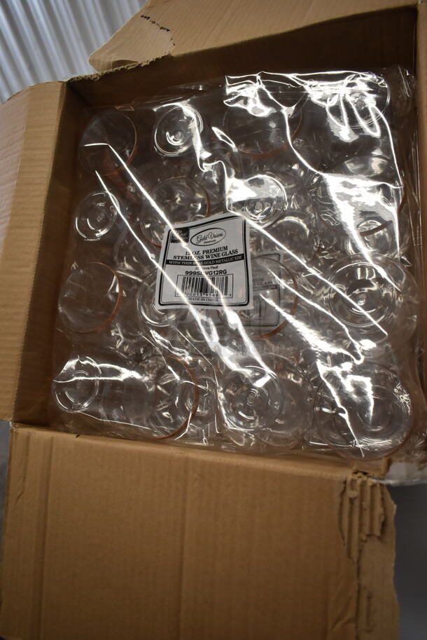 2 BRAND NEW SCRATCH AND DENT! Visions 347SLWG12RG 12 oz. Heavy Weight Clear Plastic Stemless Wine Glass with Rose Gold / Copper Rim - 64/Case. 2 Times Your Bid! - Image 4 of 6