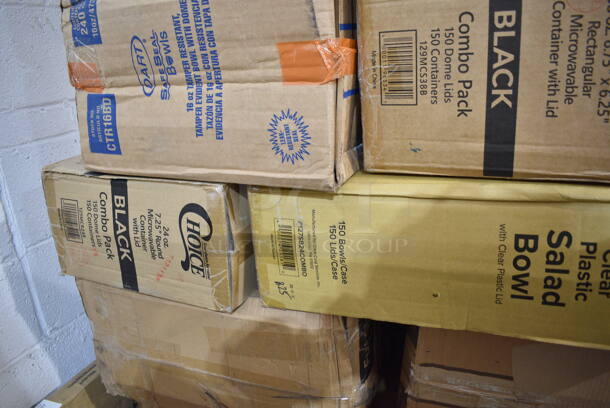 PALLET LOT of 27 BRAND NEW Boxes Including C54HT1 Dart Clearseal 5" Hinged Clear Slice Container - 250/Case, 433NHT101H Choice 1/6 Standard Size White "Thank You" Medium-Duty Plastic T-Shirt Bag - 1000/Case, 129MCS38B Choice 38 oz. Black Rectangular Microwavable Heavy Weight Container with Lid 8 3/4" x 6 1/4" x 2" - 150/Case, 127CH16 Choice 16 oz. Clear RPET Hinged Deli Container - 200/Case, 129MCR24B Choice 24 oz. Black Round Microwavable Heavy Weight Container with Lid 7 1/4" - 150/Case, 44712191261 Avantco A Plus 44712191261 Gasket for APST-27-8 Prep Tables, 5002TPJEC Lavex 2-Ply 550' Universal Jumbo Toilet Paper Roll with 7 1/2" Diameter - 12/Case, 795PTOKFT8 Choice Kraft Microwavable Folded Paper #8 Take-Out Container 6" x 4 3/4" x 2 1/2" - 300/Case, CTR16BD Dart SafeSeal 16 oz. Plastic Tamper-Resistant, Tamper-Evident Bowl with Dome Lid - 240/Case, 127SB24COMBO Choice 24 oz. Clear Plastic Salad Bowl with Lid - 150/Case, 129MCR24B Choice 24 oz. Black Round Microwavable Heavy Weight Container with Lid 7 1/4" - 150/Case, 433NACHOS Carnival King Small Clear 2 Compartment Plastic Nacho Tray - 500/Case, 50012W Choice 12 oz. White Poly Paper Hot Cup - 1000/Case, 500TO883 Choice 8" x 8" x 3" Microwaveable 3-Compartment Black / Clear Plastic Hinged Container - 100/Case, Dart 85HT3R 8" x 8" x 3" White Foam Three-Compartment Square Take Out Container with Perforated Hinged Lid - 200/Case. 27 Times Your Bid! - Image 12 of 12